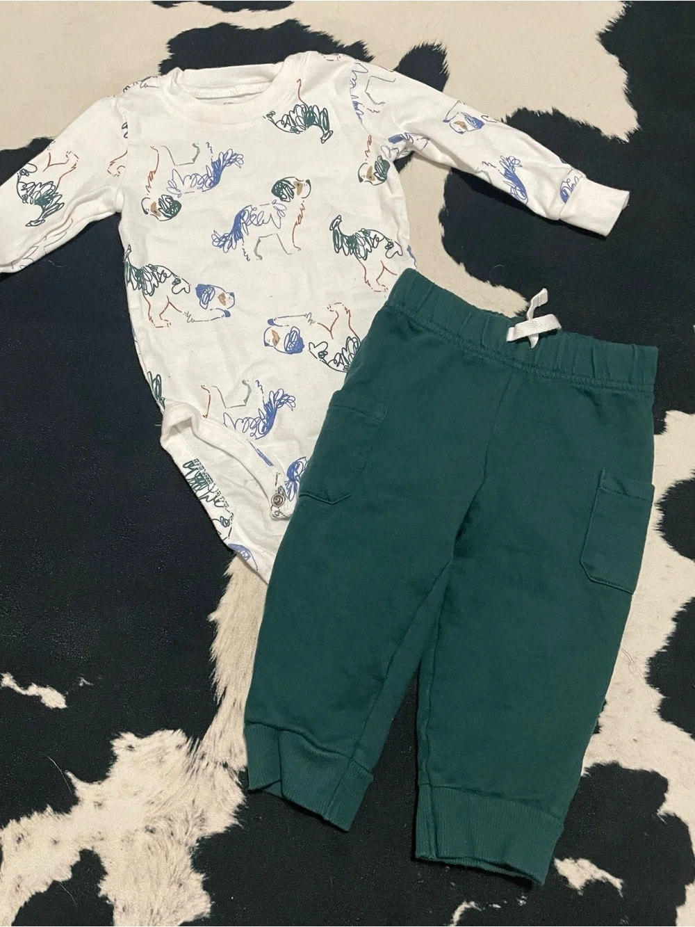 2/$12 Dog Print Short with Forest Green Pants Outfit